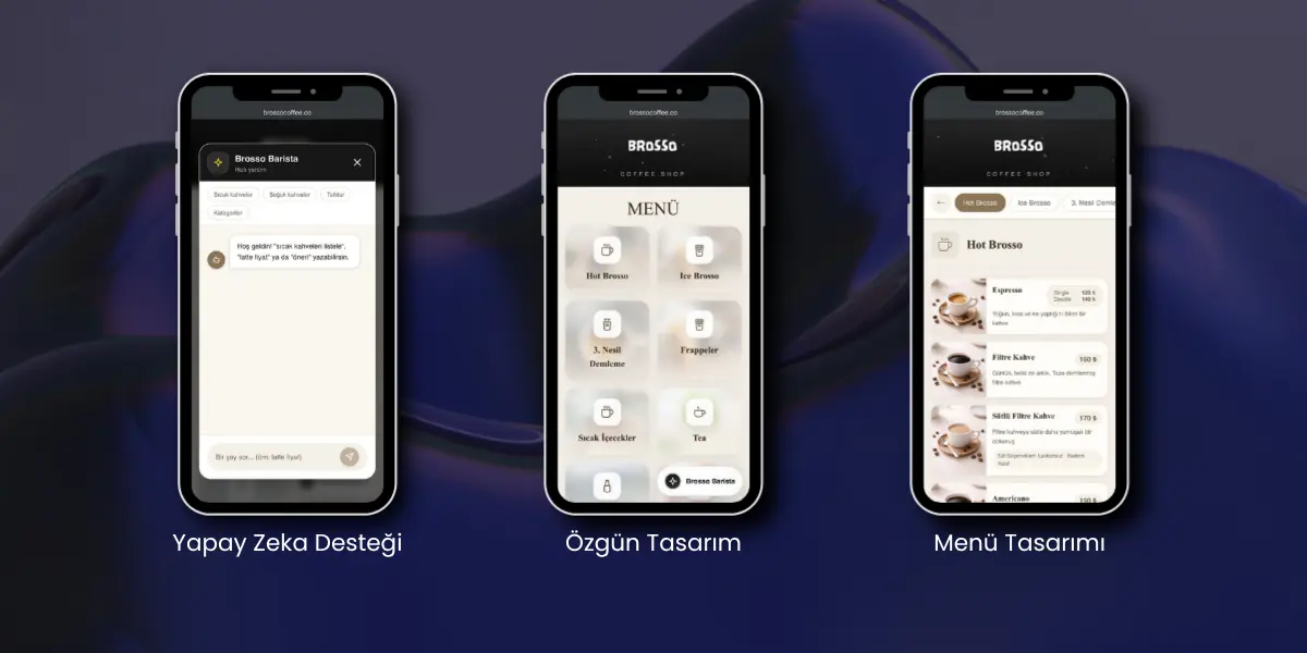 Brosso Coffee QR menü sitesinin üç ekranı: yapay zeka barista, ana menü ve ürün listesi
