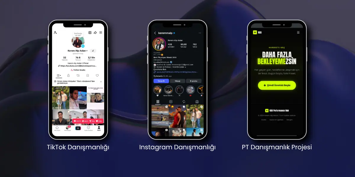 Kerem Alp Aslan için hazırlanan TikTok ve Instagram profilleri ile PT danışmanlık sayfası